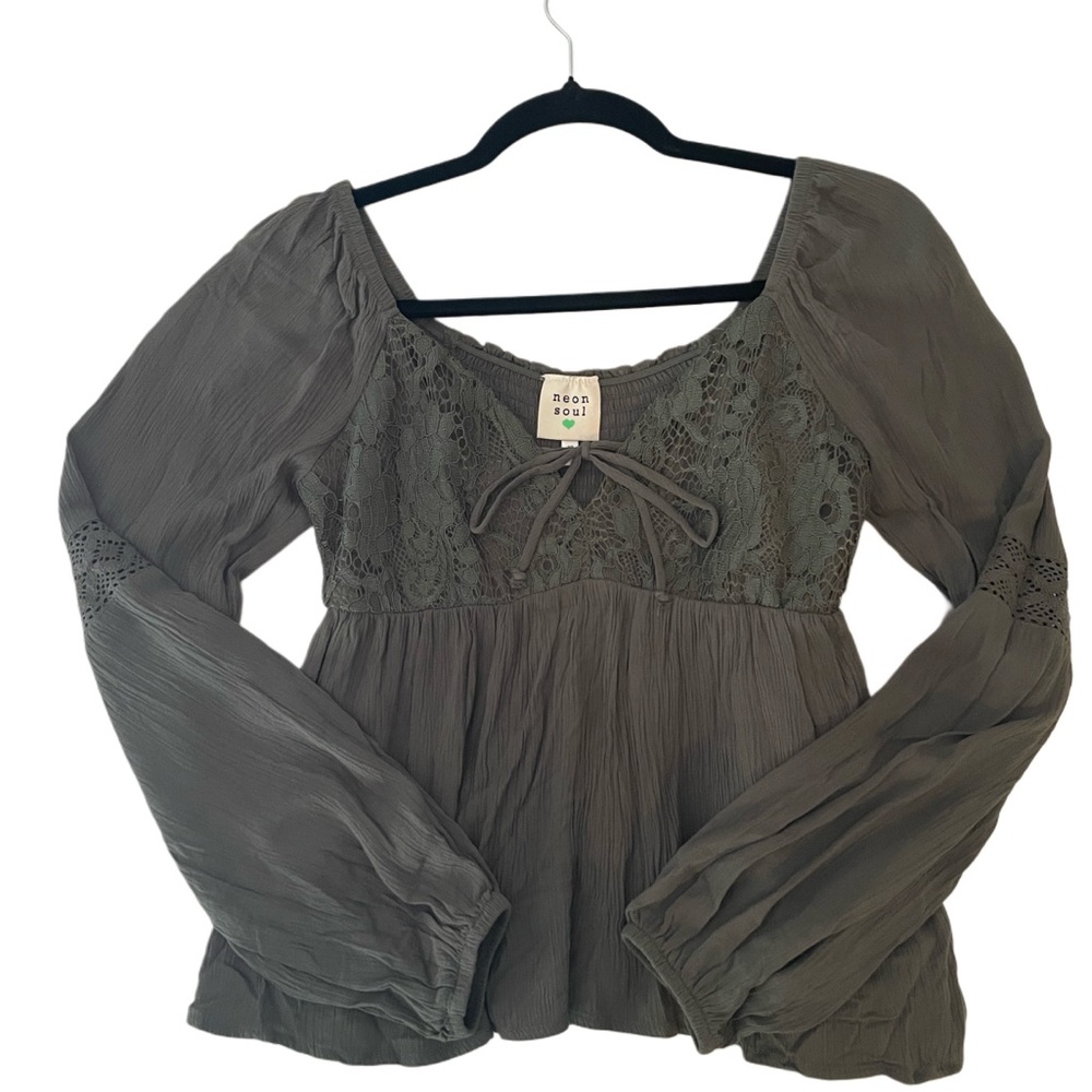 Neon Soul Women's Lace Blouse with Front Tie in Olive